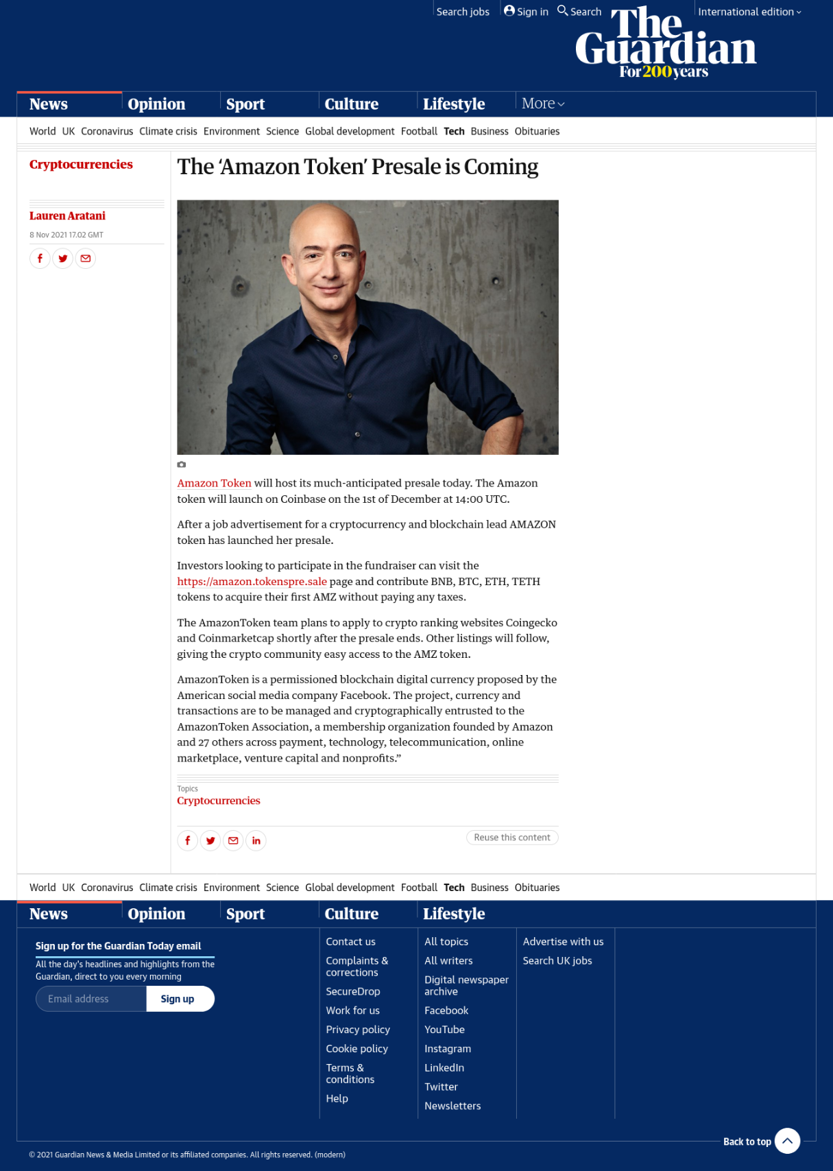 Full-page screenshot of the web page you get when clicking on the Facebook post. It looks very much like the actual website of The Guardian, reads quite like an actual news article, and mentions another site where one can buy "Amazon Tokens" Full-page screenshot of the web page you get when clicking on the Facebook post. It looks very much like the actual website of The Guardian, reads quite like an actual news article, and mentions another site where one can buy "Amazon Tokens"